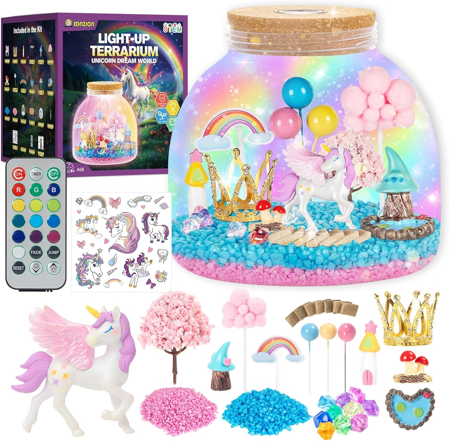 Ednzion Unicorn Light Up Terrarium Kit front view showcasing the fully assembled glowing night light container with unicorn figurines.
