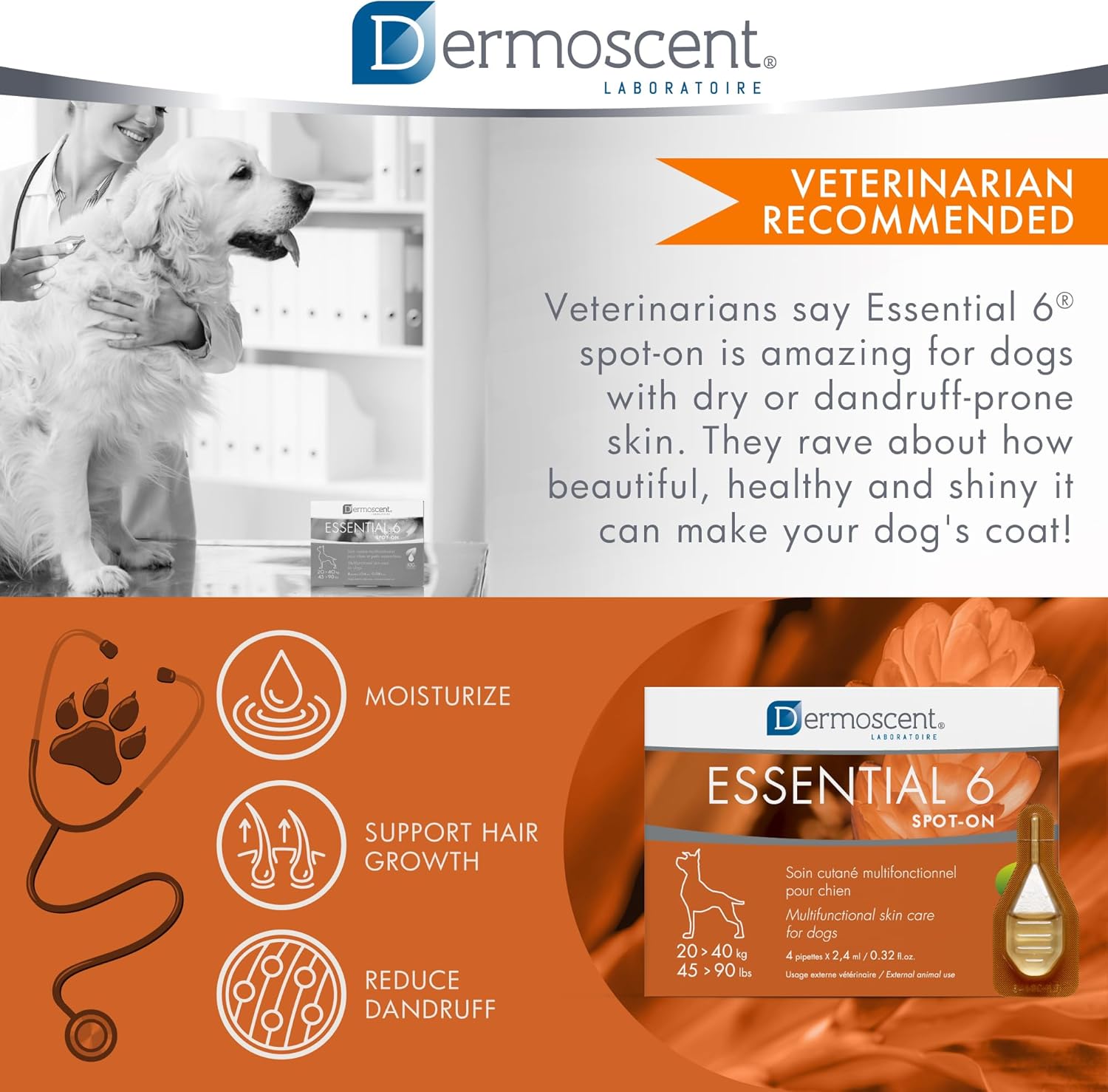 Dermoscent 4 pipettes of 2.4 ml canine skin hydration