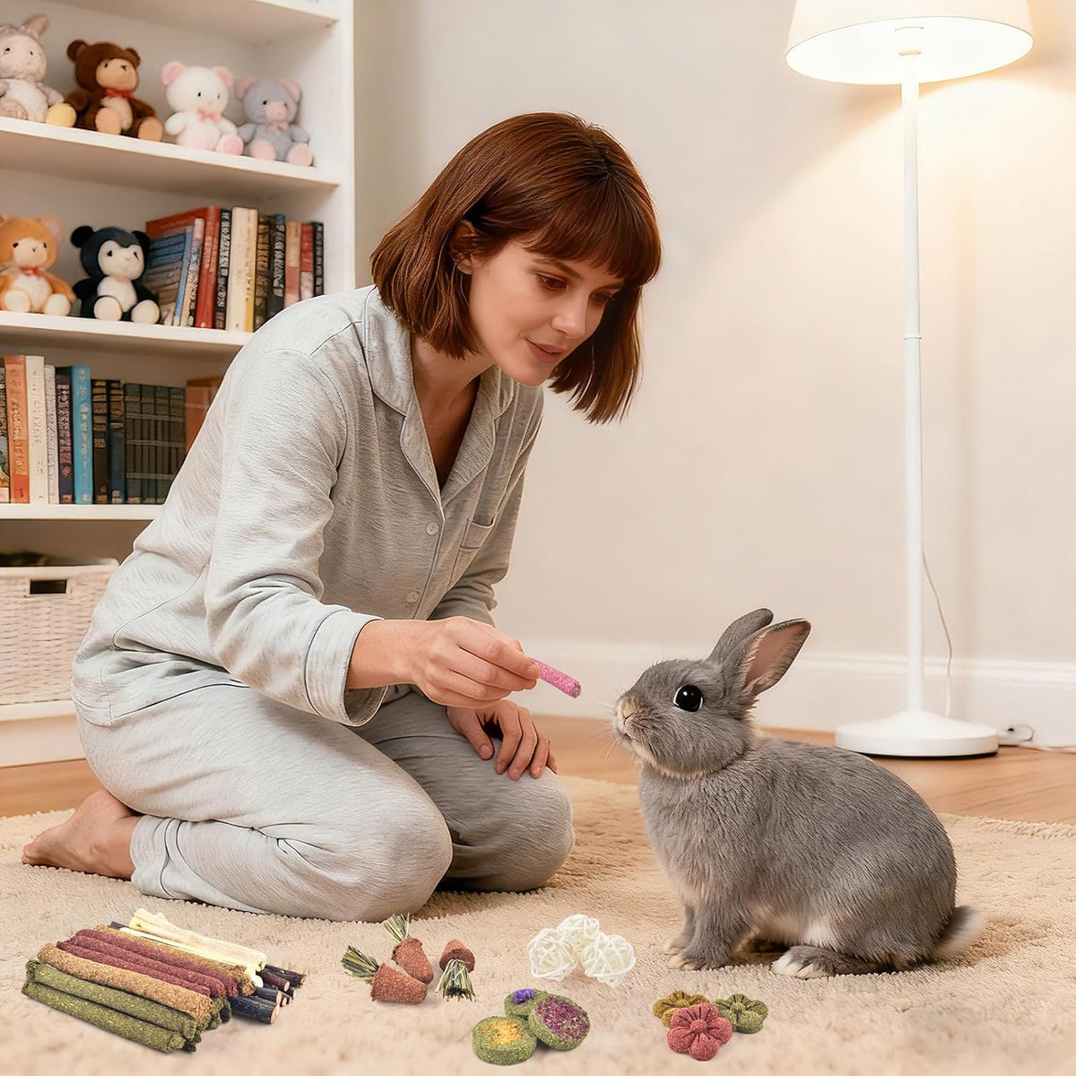 Chinchilla and rabbit molar treats demonstrating various geometric hay shapes and wood twigs