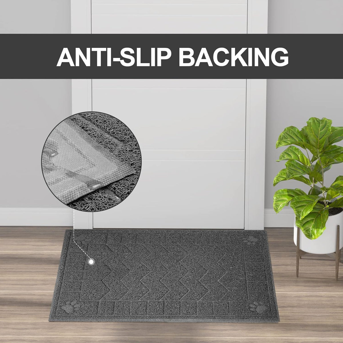 Cat walking comfortably on the soft grey paw safe PVC litter box mat