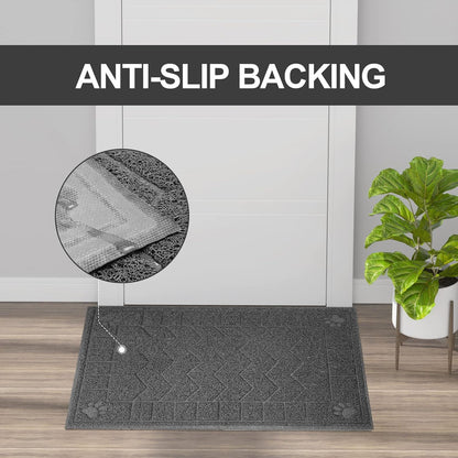 Cat walking comfortably on the soft grey paw safe PVC litter box mat