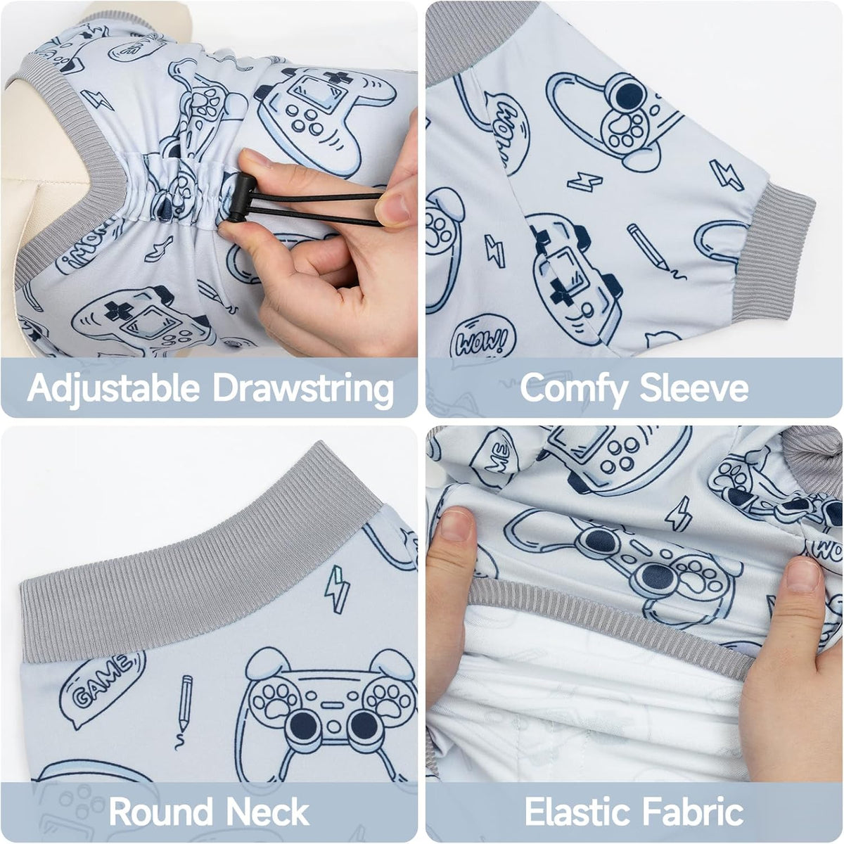 XPUDAC puppy clothes pack displaying four distinct cartoon and space prints.