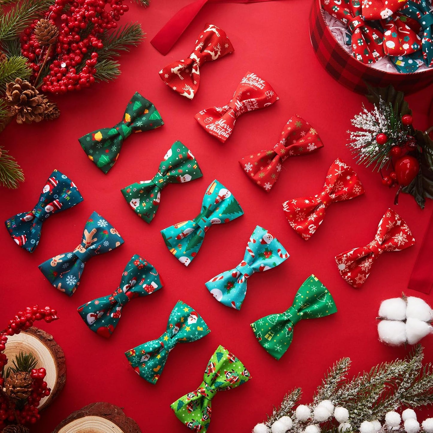 Collection of 25 unique plaid and patriotic designs of Hillban puppy bow ties.