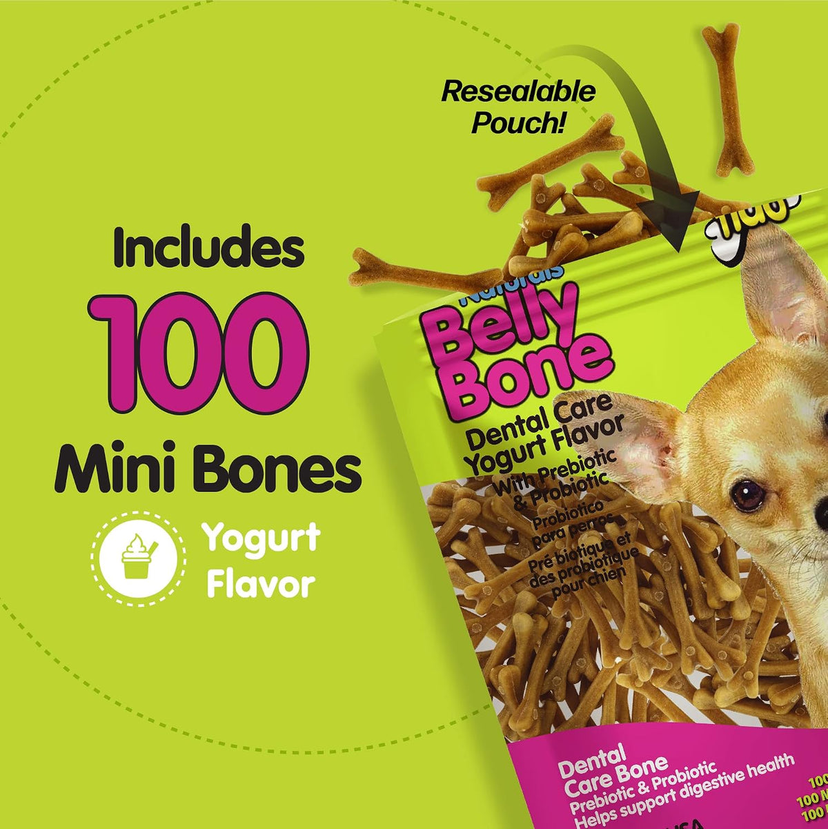 Fido Belly Bones for Dogs, Mini - 100 Count - Yogurt-Flavor Dental Treats for Small Dogs - Plaque & Tartar Control for Fresh Breath - Digestive Support - Made in USA - Image 4