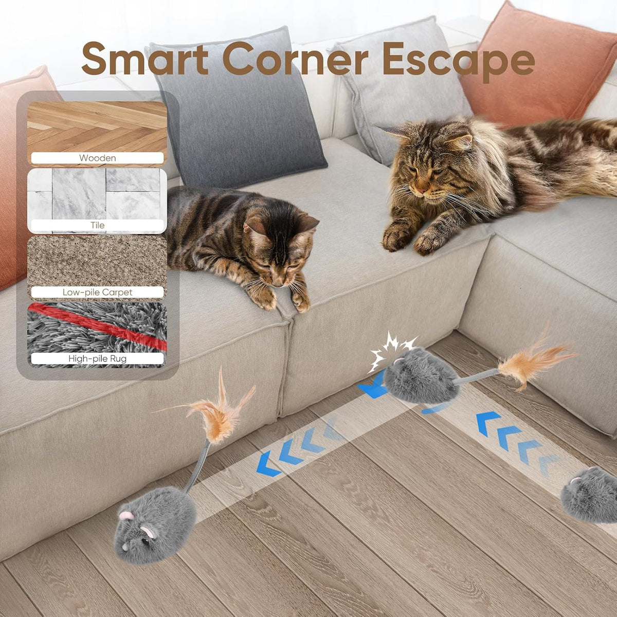Pawingcat plush robotic mouse toy with smart obstacle avoidance wheels.
