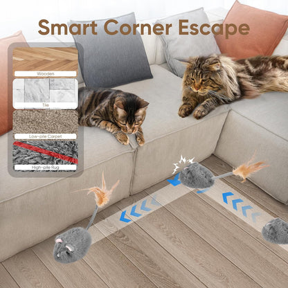 Pawingcat plush robotic mouse toy with smart obstacle avoidance wheels.