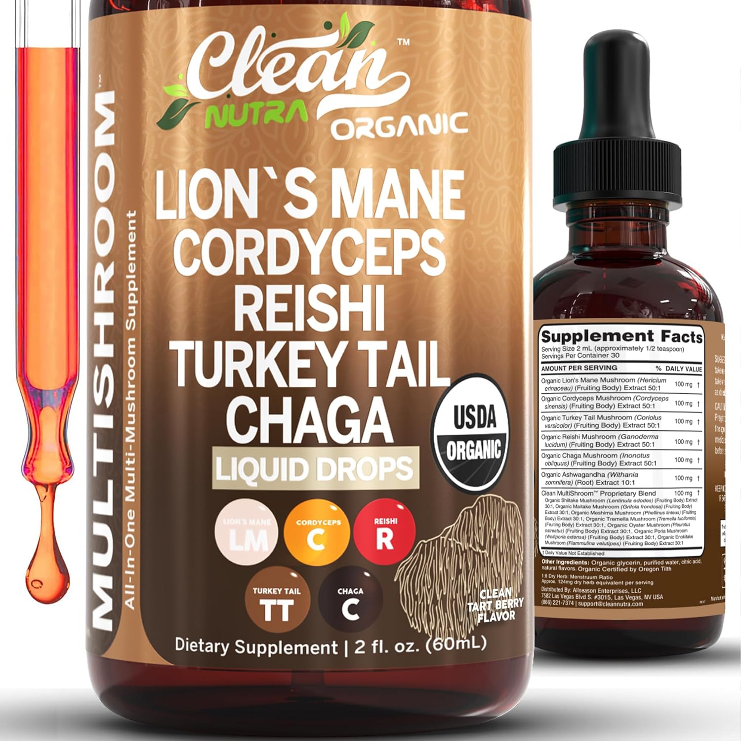 Clean Nutraceuticals Organic Turkey Tail Mushroom Complex Liquid Drops front view bottle