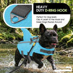 High visibility pet swim vest with quick release buckles close up.