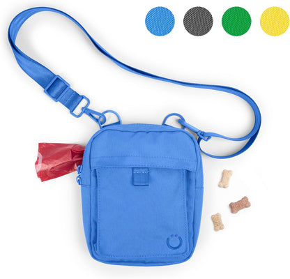 Ubbi Dog Treat Pouch in blue shown from the front view highlighting the magnetic treat pocket