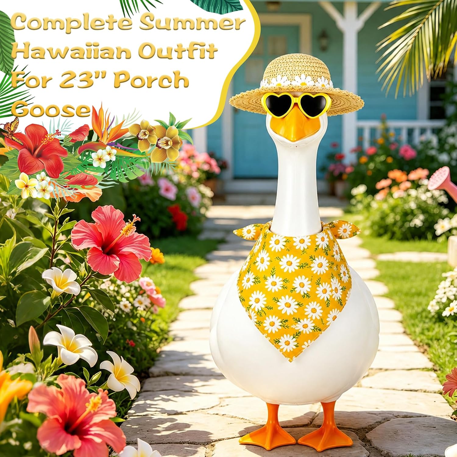 Jeere summer garden goose costume accessories layout including the daisy accented straw hat