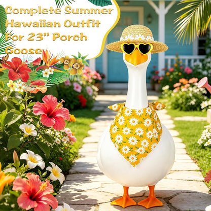 Jeere summer garden goose costume accessories layout including the daisy accented straw hat