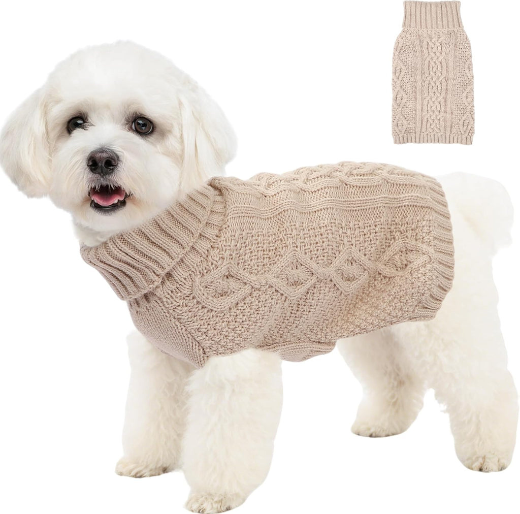 Puppishy knitted dog sweater in beige medium front view on a small puppy.