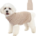Puppishy knitted dog sweater in beige medium front view on a small puppy.