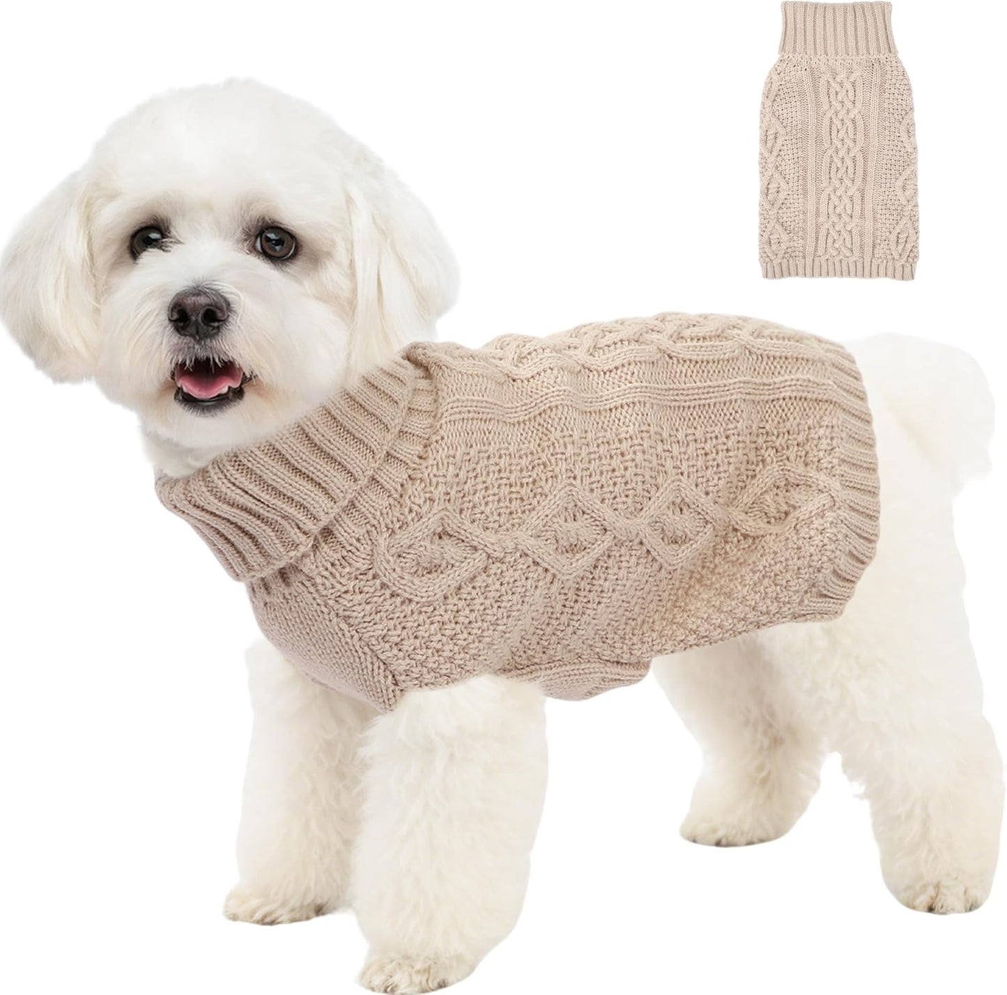 Puppishy knitted dog sweater in beige medium front view on a small puppy.
