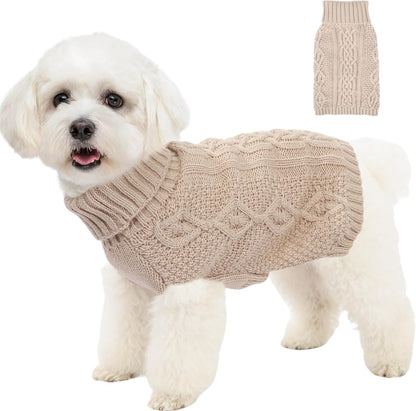 Puppishy knitted dog sweater in beige medium front view on a small puppy.