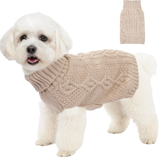 Puppishy knitted dog sweater in beige medium front view on a small puppy.