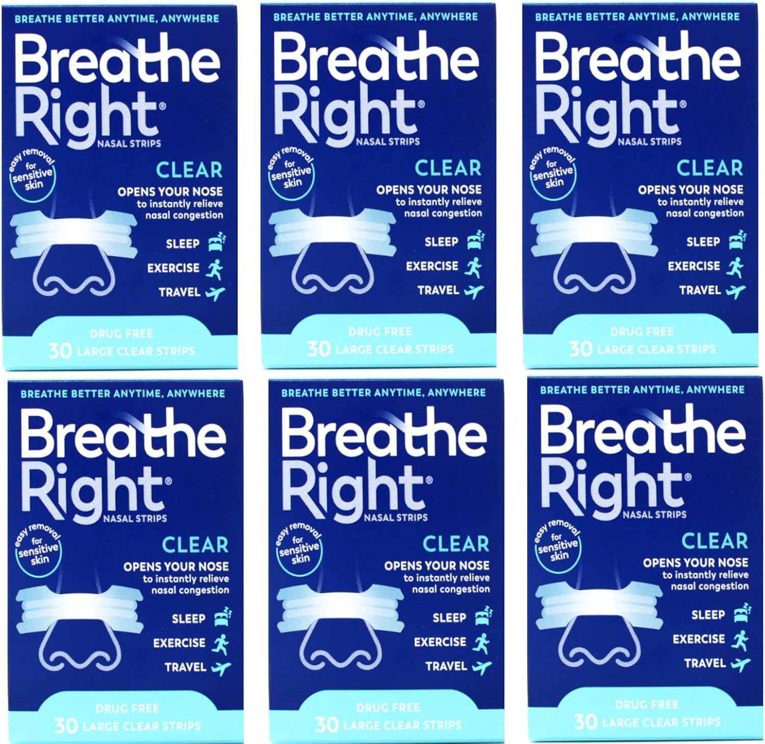 Breathe Right Nasal Strips Clear Large 30 count front packaging for congestion relief