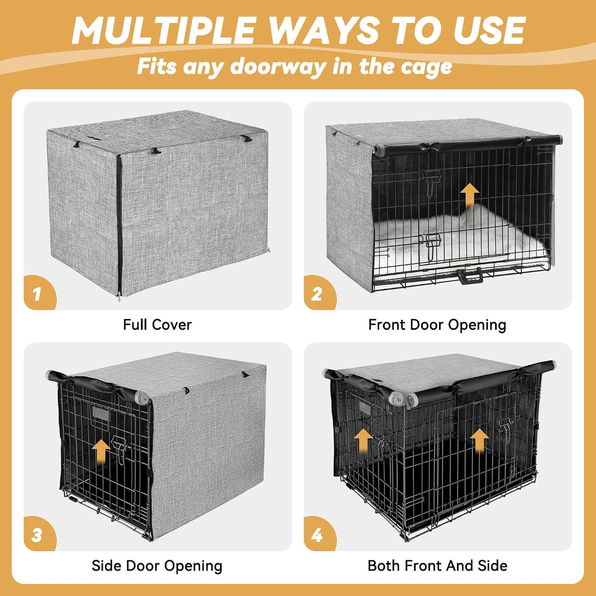 Grey double door dog kennel cover with rolled up flaps