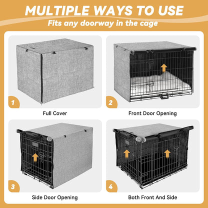 Grey double door dog kennel cover with rolled up flaps