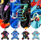 Four different colorful styles of the lightweight post surgery shedding control onesies displayed together.