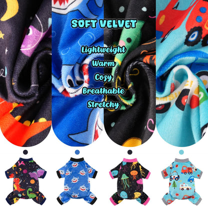 Four different colorful styles of the lightweight post surgery shedding control onesies displayed together.