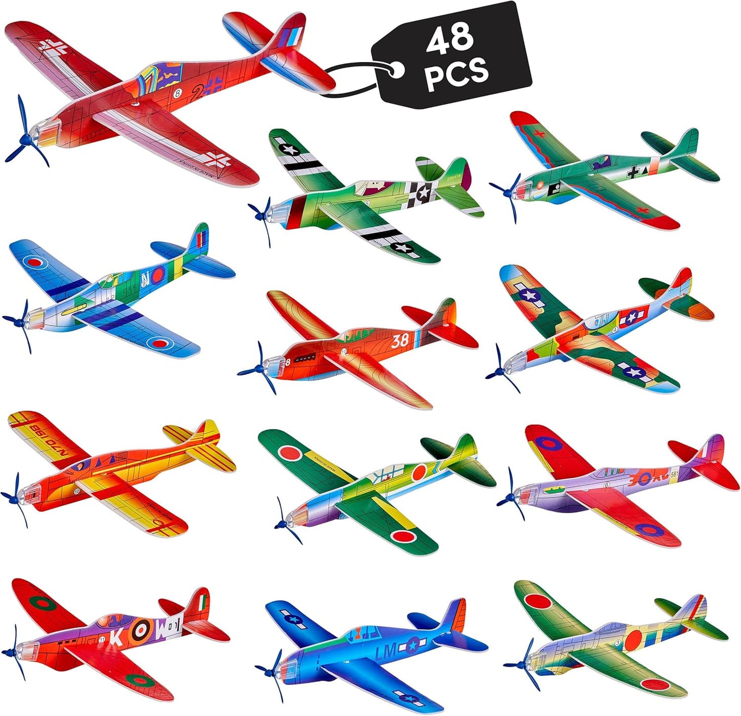The Twiddlers 48 Flying Gliders bulk pack front view showing multiple colorful foam airplane toys.