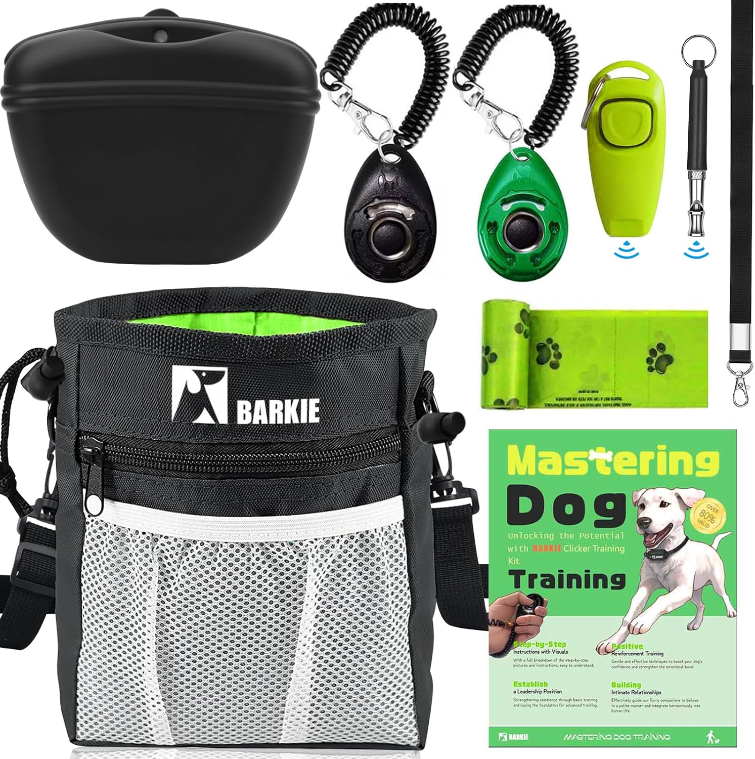 Barkie dog training kit with black treat pouch front view for premium puppy obedience training.