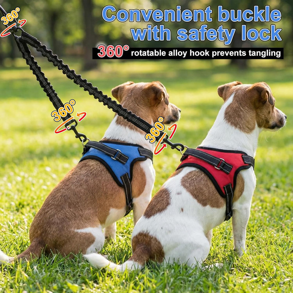 Sunnymove double dog training lead showing the secure metal fasteners and the bungee extension mechanism for shock absorption.