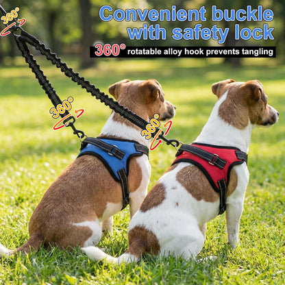 Sunnymove double dog training lead showing the secure metal fasteners and the bungee extension mechanism for shock absorption.
