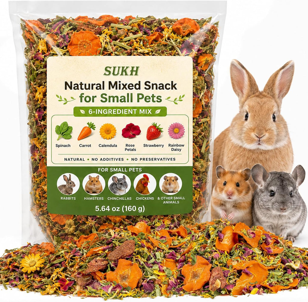 Sukh Natural Botanical Rabbit Treats front view package showing premium small animal forage mix.