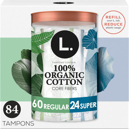 L. Organic Cotton Tampons 84 count front packaging view showing regular and super absorbency.