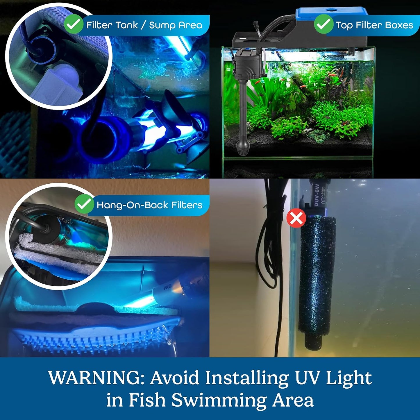 Waterproof IPX8 aquarium clean lamp positioned inside a top filter box setup.