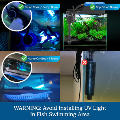 Waterproof IPX8 aquarium clean lamp positioned inside a top filter box setup.
