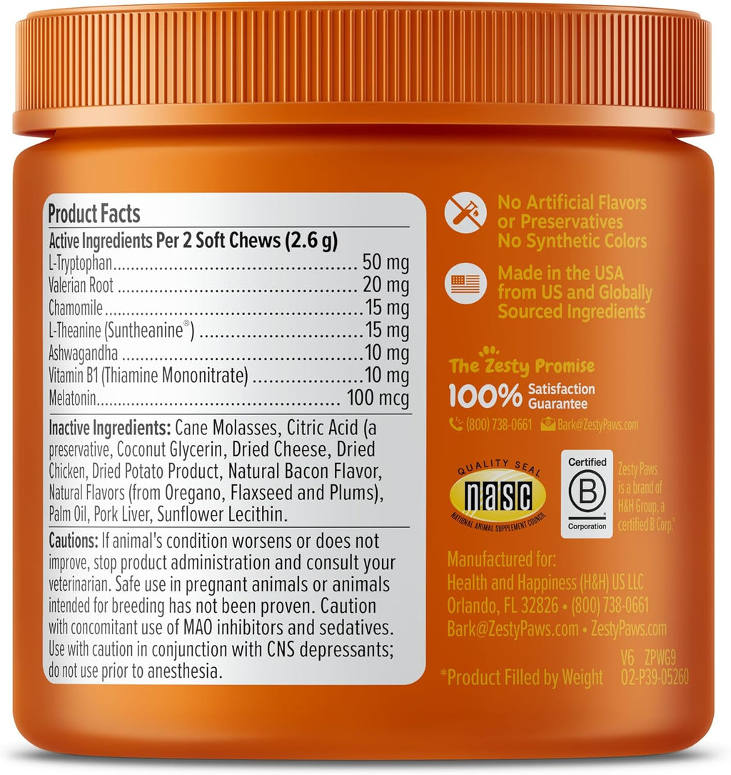 Zesty Paws calming chews packaging highlighting ashwagandha and melatonin