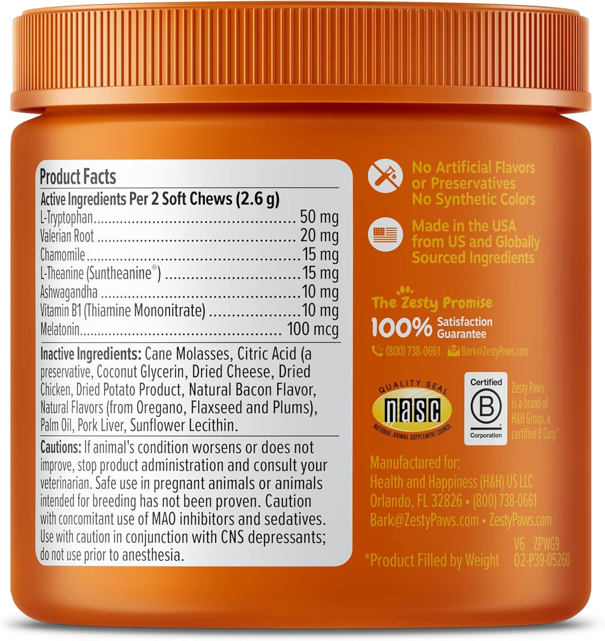 Zesty Paws calming chews packaging highlighting ashwagandha and melatonin