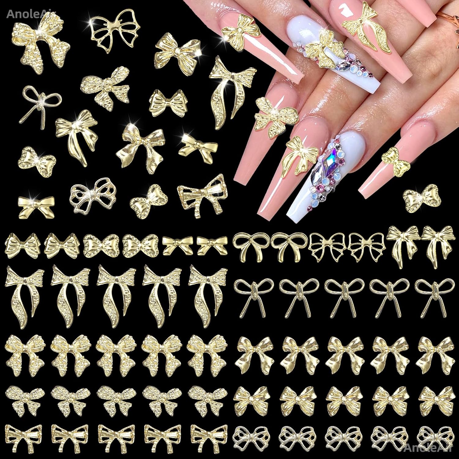AnoleAir 180 pieces gold bow nail charms front view