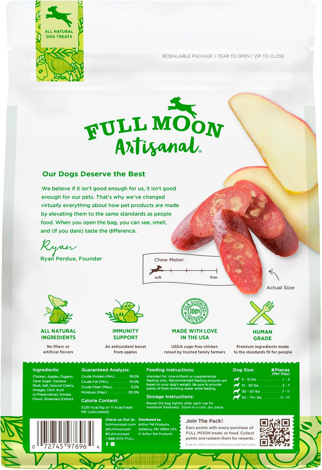 Close up of Full Moon artisanal chicken apple sausage treats