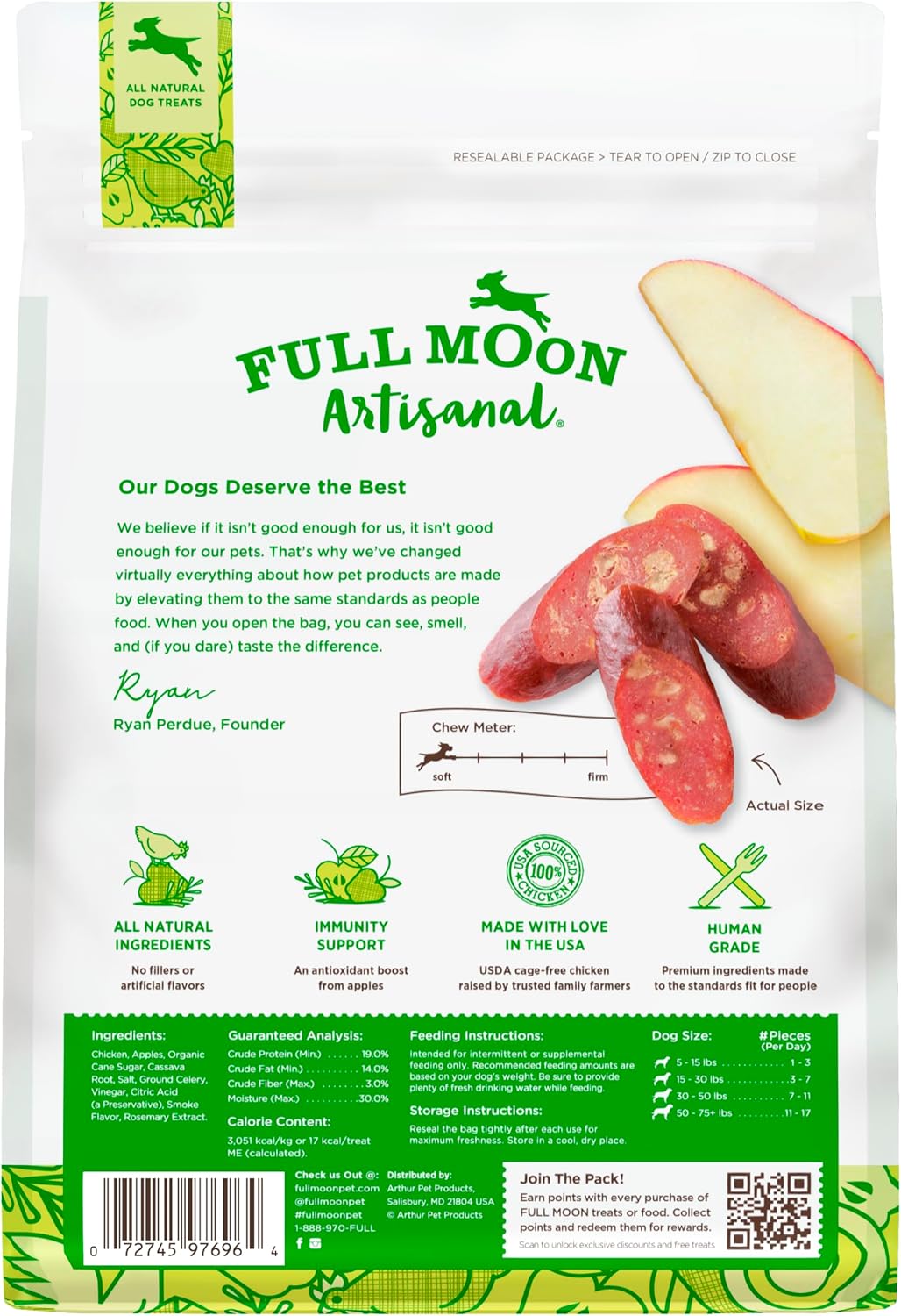 Close up of Full Moon artisanal chicken apple sausage treats