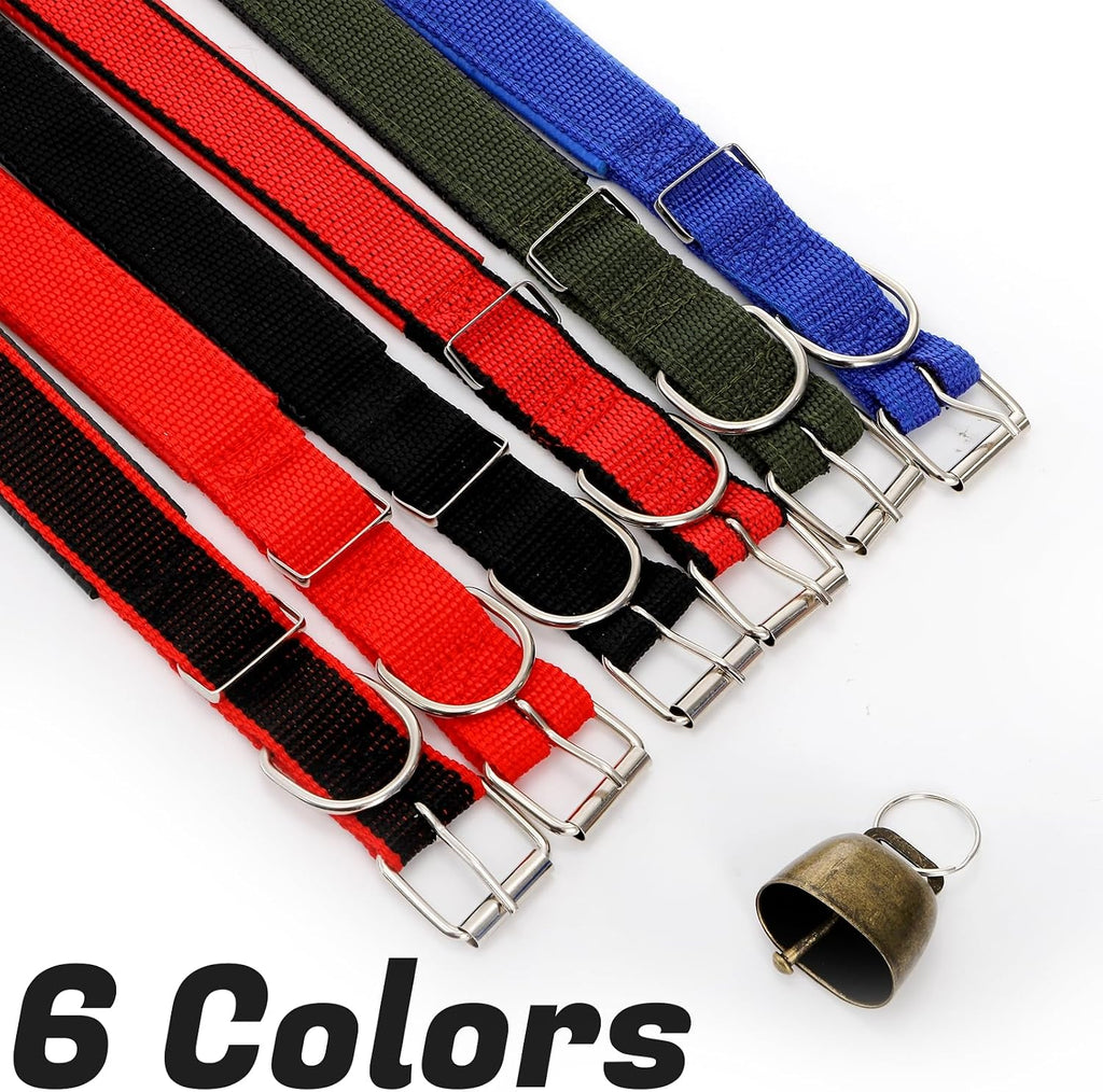 Twelve piece set of colorful goat tracking collars with metal bells spread out to show the complete assortment.