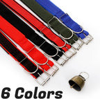 Twelve piece set of colorful goat tracking collars with metal bells spread out to show the complete assortment.
