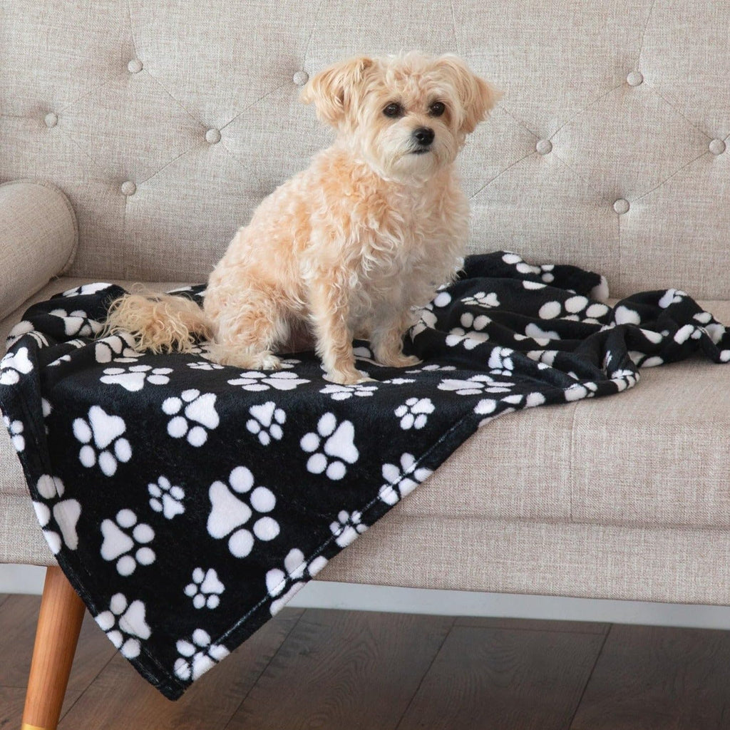 Authentic USA sourced fleece pet bedding in purple paw symphony color.