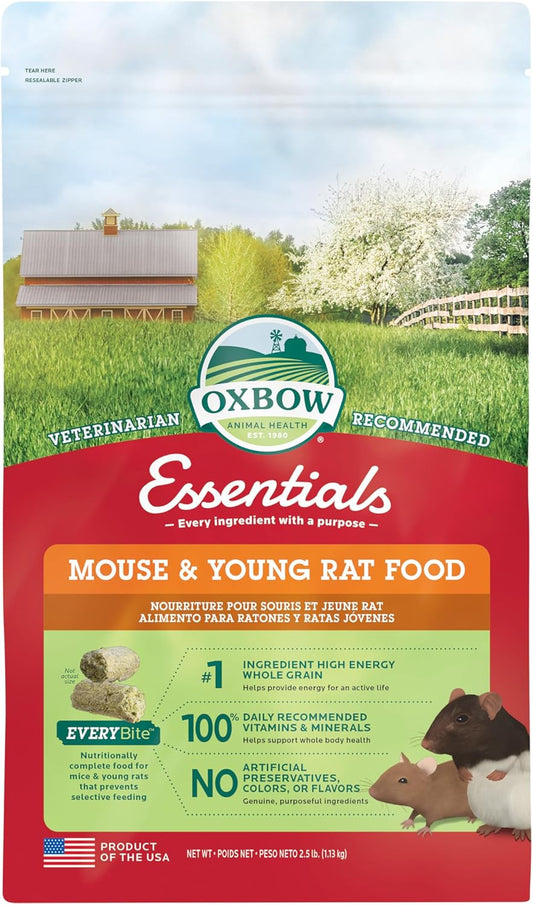 Oxbow Essentials Mouse and Young Rat Food front view of the two point five pound bag packaging.