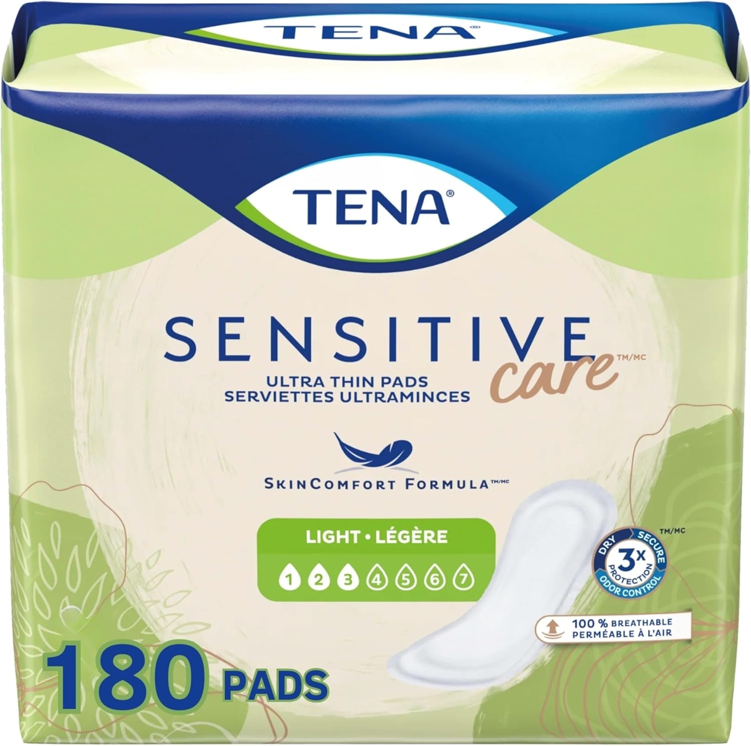 TENA Sensitive Care female incontinence pad 180 count pack front view showcasing skin comfort formula packaging.