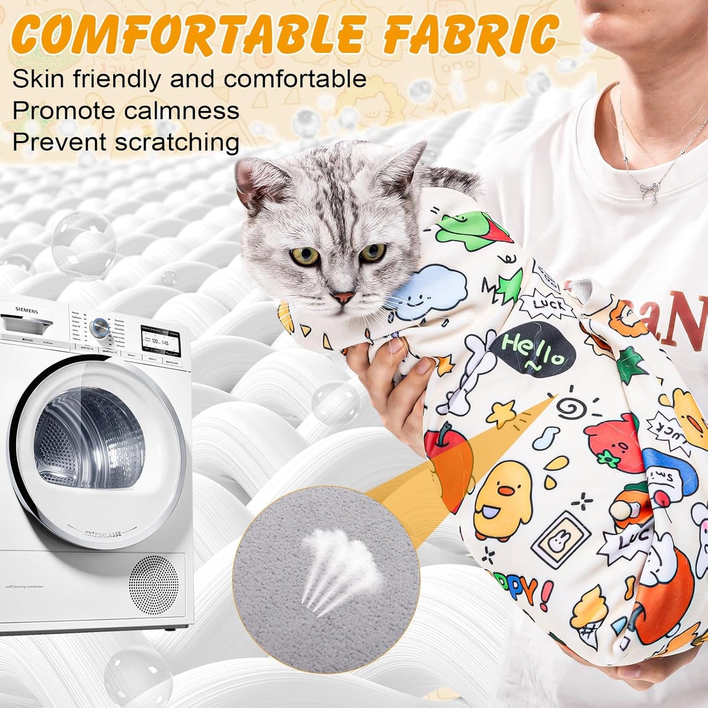 Adjustable pet grooming swaddle with foldable seams for small kittens.