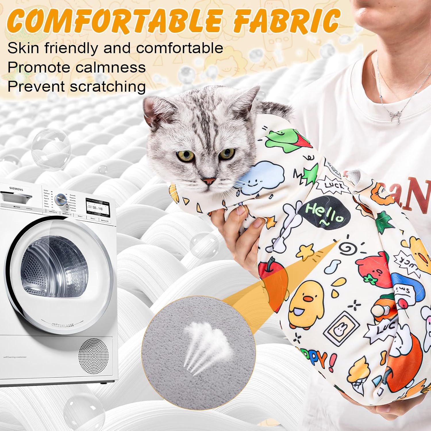 Adjustable pet grooming swaddle with foldable seams for small kittens.