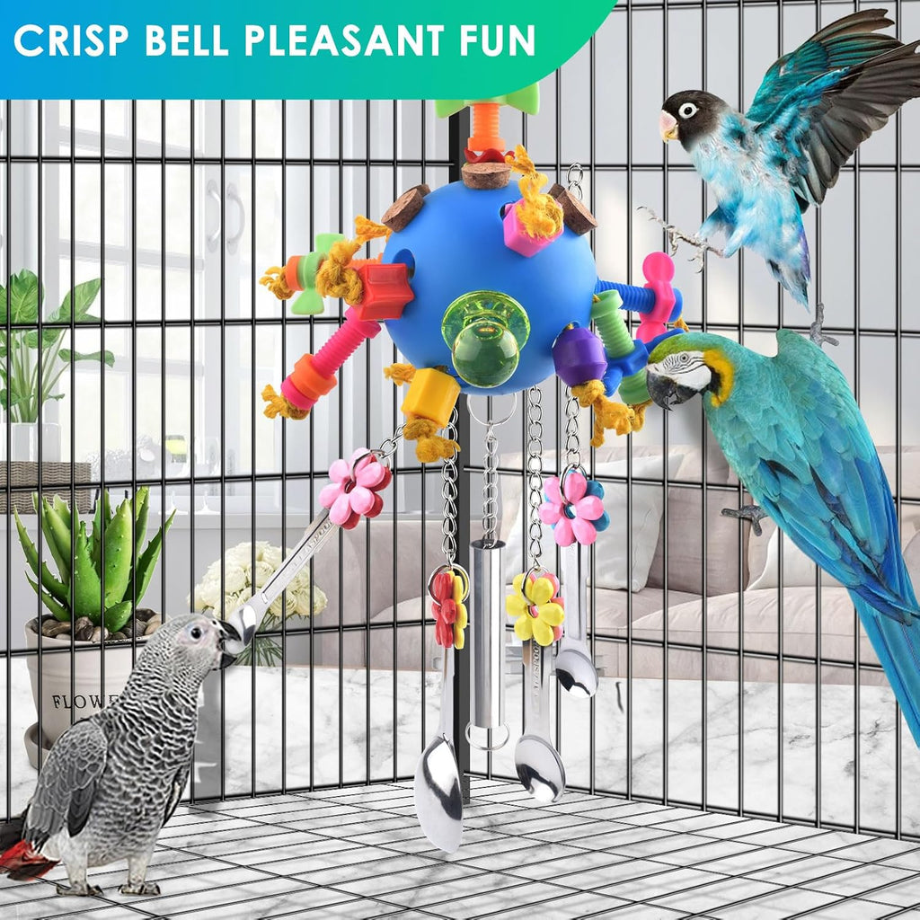 African Grey parrot playing with Katumo colorful acrylic chew toy