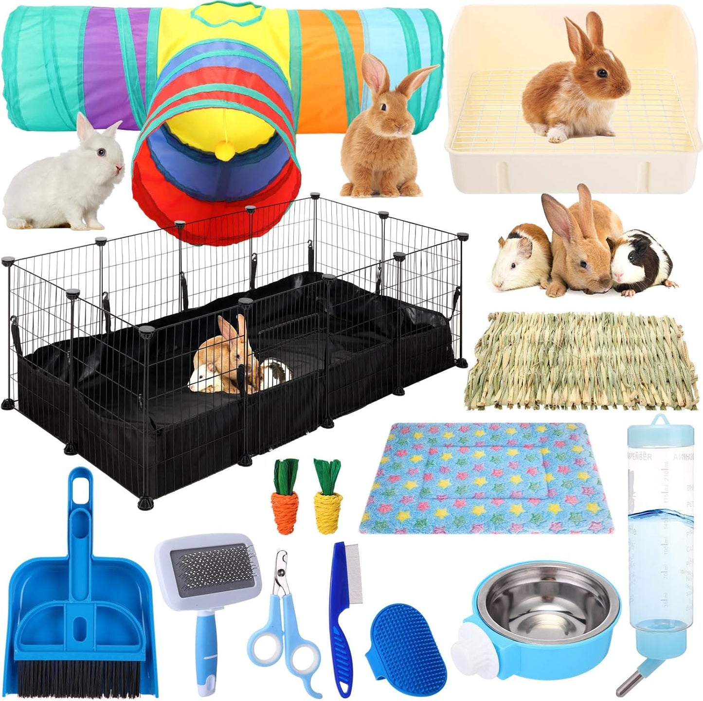 104 Pcs Rabbit Starter Kit Litter Box Bunny Tunnel Pet Playpen with Waterproof Mat Water Bottle Animal Grooming Kit Bowl Blankets with Cleaning Set for Guinea Pig Rabbit Accessories - Image 1