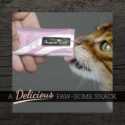 Cat eating Fussie Cat tuna and chicken puree from tube