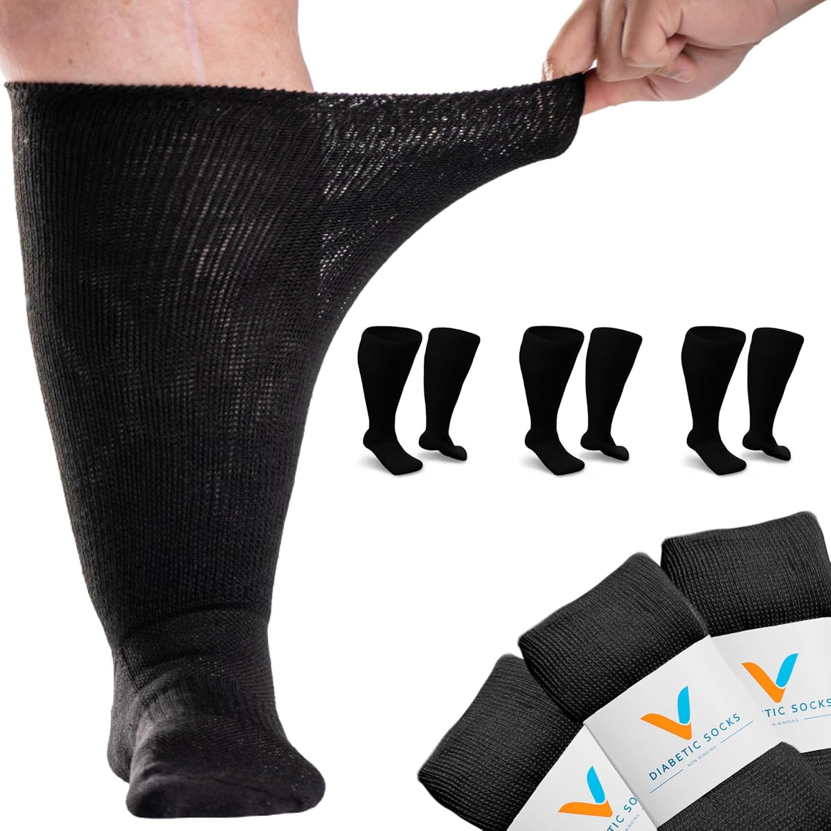 Viasox EasyStretch Diabetic Socks 3 pack front view black color