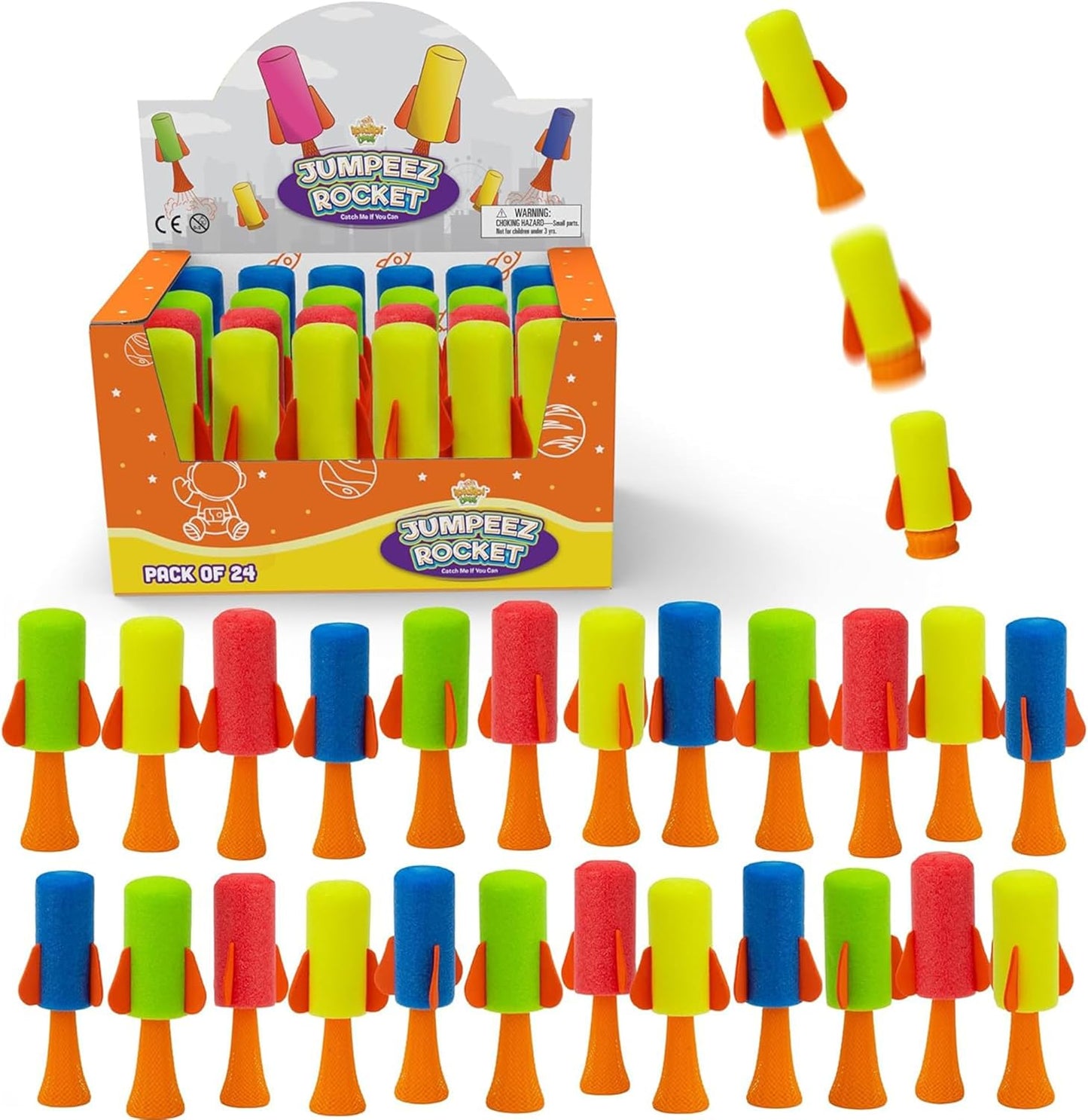 IPIDIPI TOYS Jumpeez Jumping Rocket Poppers 24 Pack front view showing colorful spring launcher toys for kids.